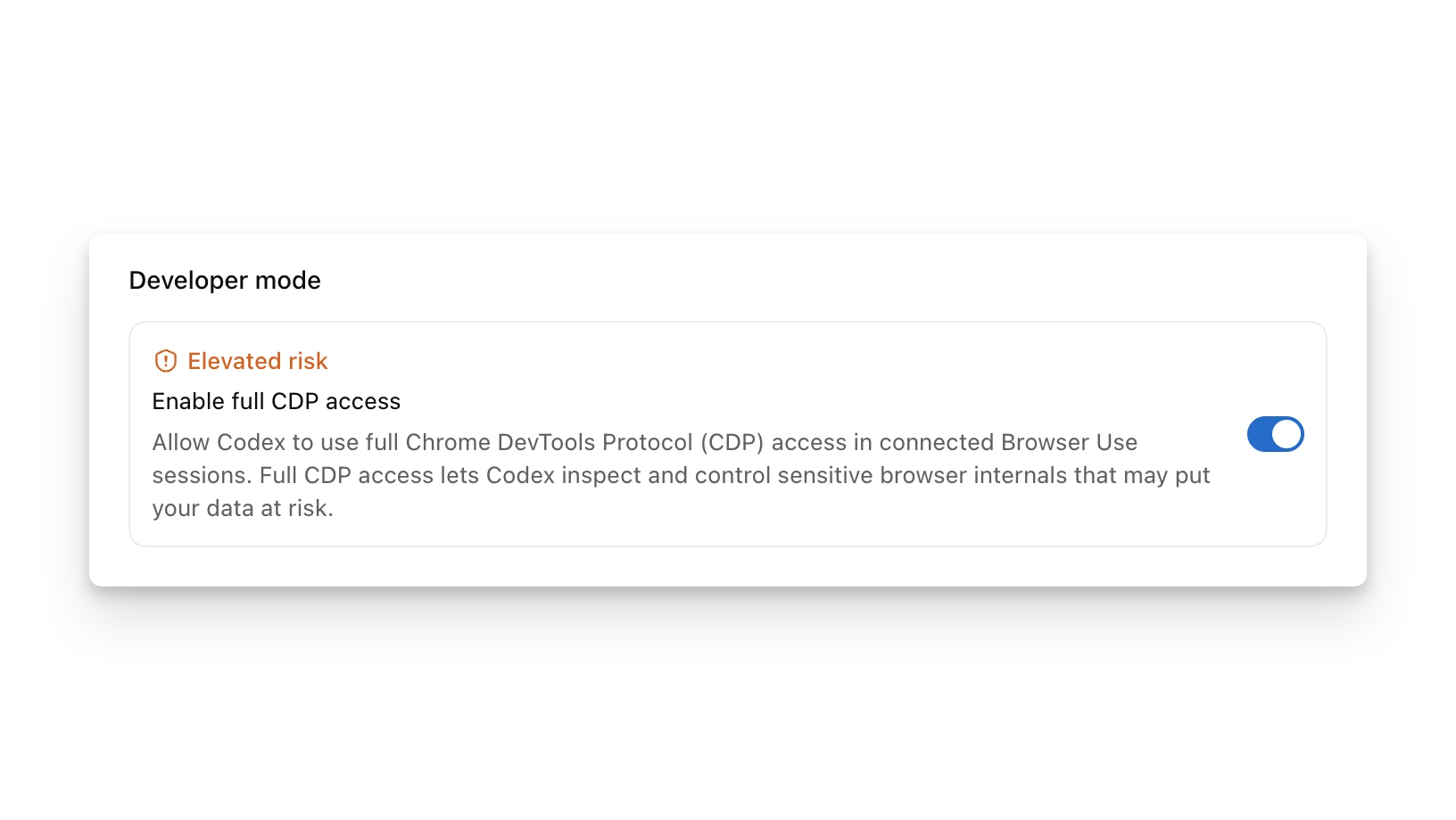 ChatGPT 界面截图：已启用 Developer mode 的 Codex Browser 设置