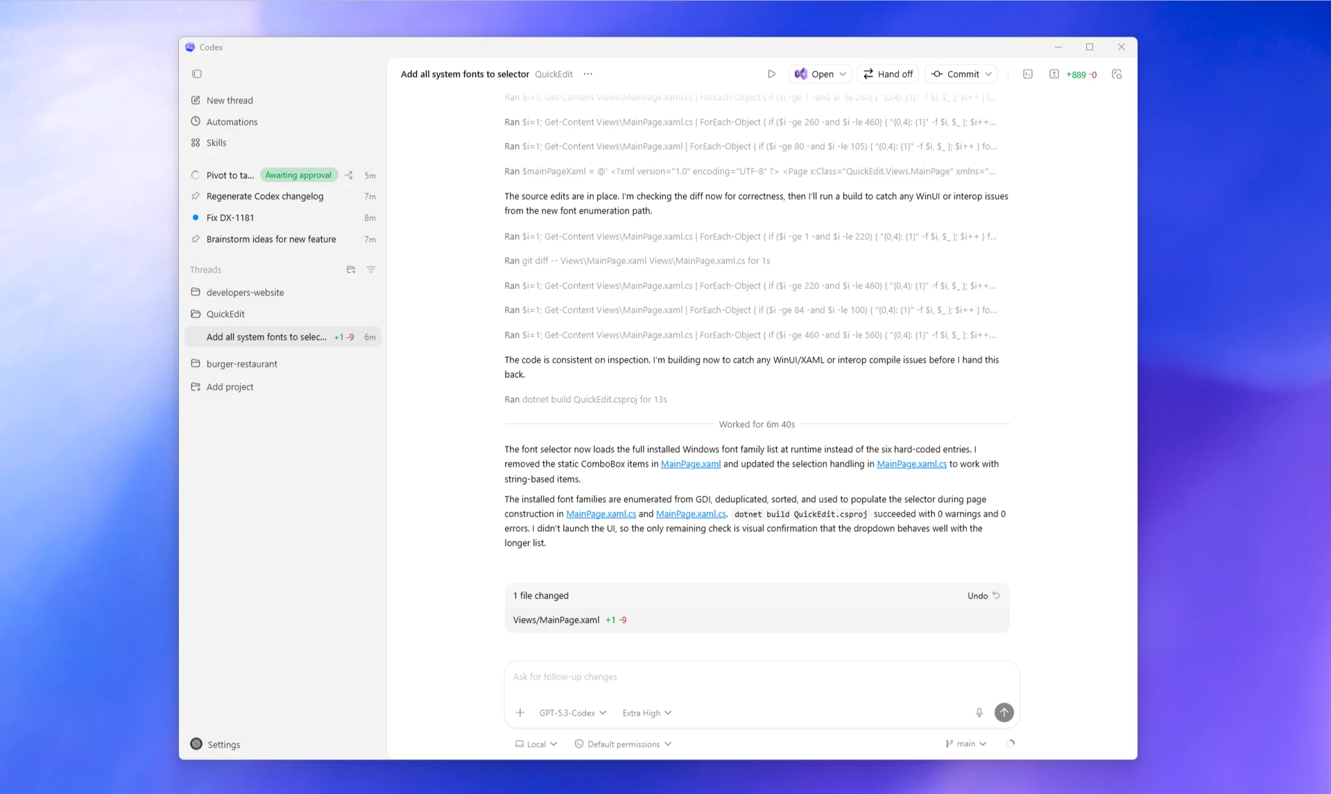 ChatGPT 界面截图：在 Windows 上原生运行的 Codex App